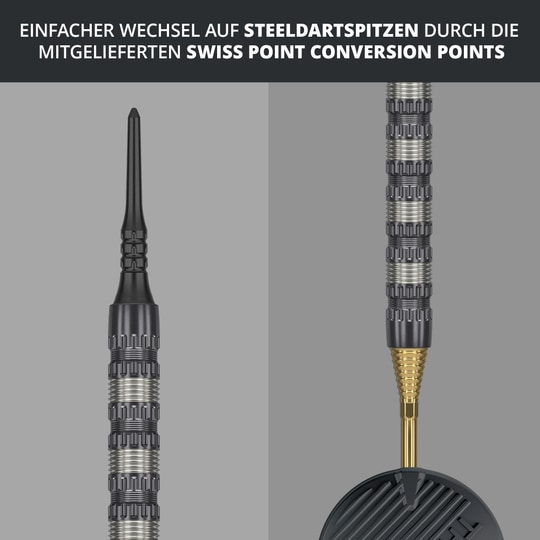 Target Rob Cross 95K Swiss Point Zachte Darts - 18g Das Bild zeigt den Target Rob Cross 95K Swiss Point Softdart mit 18g Gewicht. Es wird darauf hingewiesen, dass ein einfacher Wechsel auf Steeldartspitzen durch die mitgelieferten Swiss Point Conversion Points möglich ist.