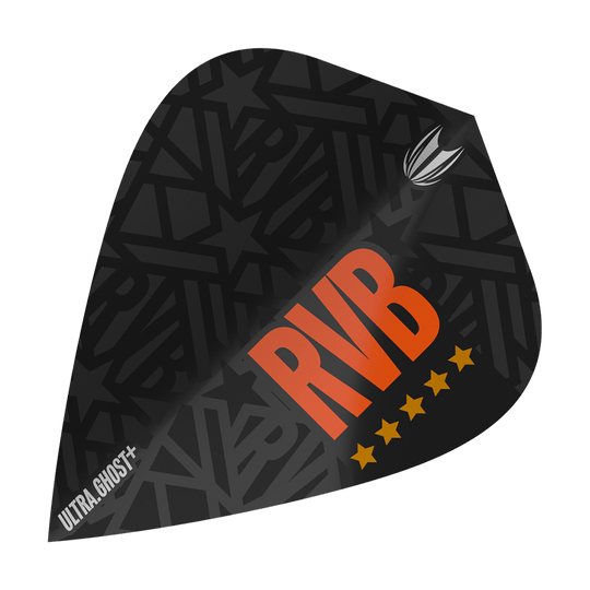 Dies ist ein Target UltraGhost Raymond Van Barneveld GEN2 Kite Flight. Das Flight ist schwarz mit großen orangen Buchstaben "RVB" und fünf gelben Sternen gestaltet.