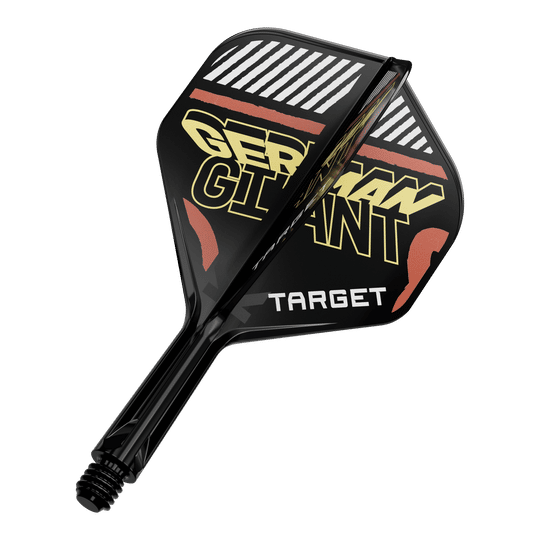 Das Bild zeigt eine schwarze Dartflügel- und Schaftkombination mit der Aufschrift "GERMAN GIANT" und "TARGET". Die Farben sind hauptsächlich Schwarz, Gelb und Rot.