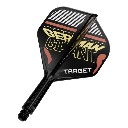 Target K-Flex Gabriel Clemens No2 Standaard Vluchtas Systeem Das Bild zeigt eine schwarze Dartflügel- und Schaftkombination mit der Aufschrift "GERMAN GIANT" und "TARGET". Die Farben sind hauptsächlich Schwarz, Gelb und Rot.