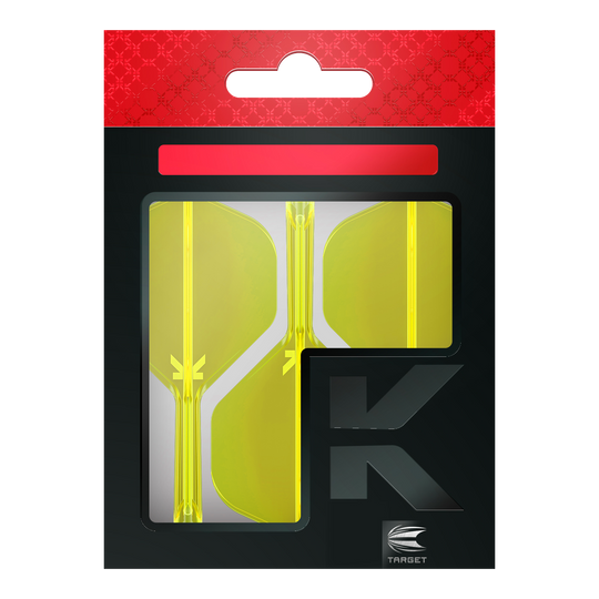 Das Bild zeigt eine Packung mit neon-gelben Dart-Flights der Marke Target. Die Verpackung ist überwiegend schwarz mit einem auffälligen roten Bereich am oberen Rand.