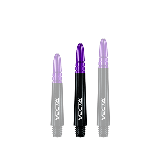 Winmau Vecta Shafts - Schwarz Lila Auf dem Bild sind drei Dartschäfte in Schwarz und Lila zu sehen. Sie haben die Aufschrift "Vecta" und sind unterschiedlich lang.