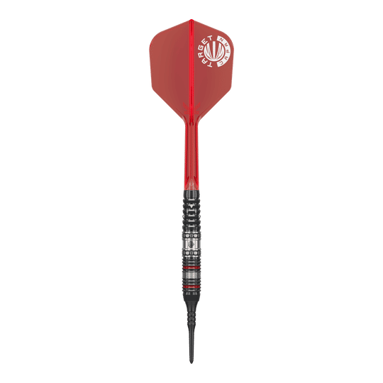 Auf dem Bild ist ein Softdart aus der Target Japan Prime Series Diamond GEN3 mit einem Gewicht von 18g zu sehen. Der Dart hat eine rote Flight und einen schwarz-silbernen Schaft mit feinen Details.