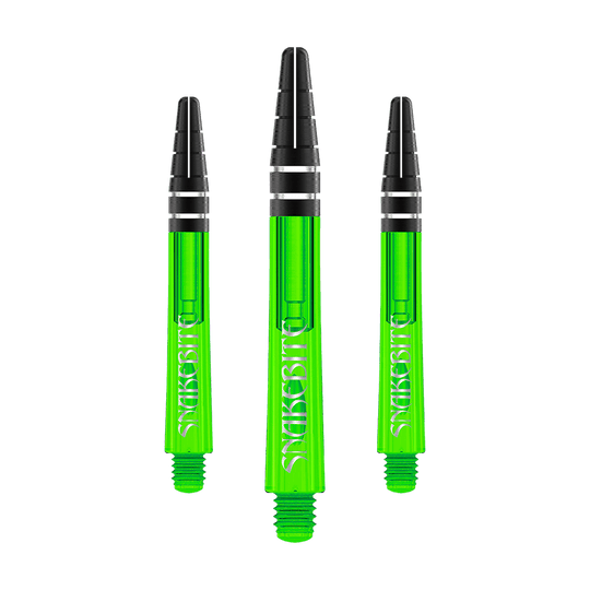 C645_Red_Dragon_Nitrotech_Peter_Wright_Green_Shafts_42mm_1UY5lBhiI2UEEr Das Bild zeigt drei grüne Dartschäfte mit schwarzer Spitze. Auf den Schäften steht das Wort "Snakebite" in weißer Schrift.