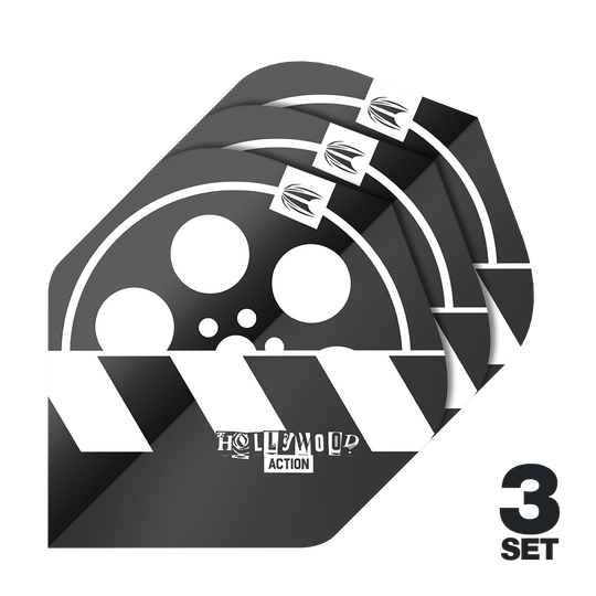 Target Pro Ultra Chris Dobey Hollywood Action No2 Standaardvluchten - 3 sets Das Bild zeigt drei Sätze Target Pro Ultra Chris Dobey Hollywood Action No2 Standard Flights für Dartpfeile. Das Design ist schwarz-weiß mit einem Filmrollen- und Klappenmotiv sowie der Aufschrift "Hollywood Action".