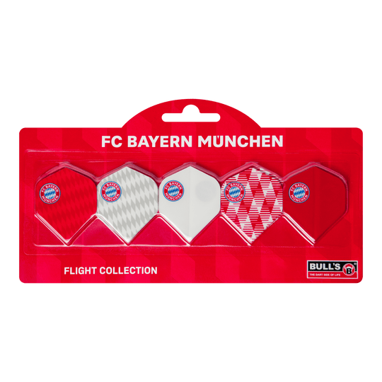 Abgebildet ist die Bulls FC Bayern München Flight Collection - 5 Satz. Die Flights sind speziell für Darts im FC Bayern München-Design.