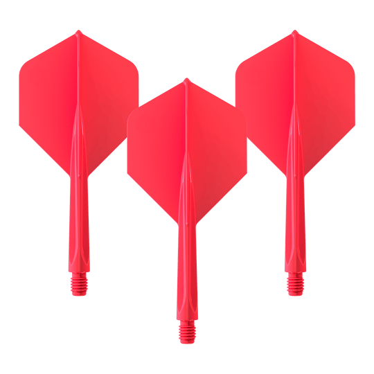 Unicorn Forge All In One Plus No2 Standaard Vluchten Rood - Medium Das Bild zeigt drei rote Dartflights mit integriertem Schaft. Es handelt sich um das Produkt "Unicorn Forge All In One Plus No2 Standard Flights Rot - Medium".