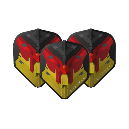 Das Bild zeigt drei Dart-Flights der Marke L-Style in den Farben Schwarz, Rot und Gelb, die an die deutsche Flagge erinnern. Auf einem der Flights ist der Schriftzug "L-STYLE" zu sehen.