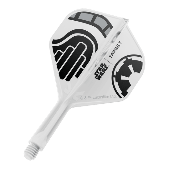 Das Bild zeigt einen kurzen Dartflügel mit dem Dateinamen 'Stormtrooper No2 Standard Flights Short 19mm 1'. Das Design ist inspiriert von der Star Wars Stormtrooper Optik.