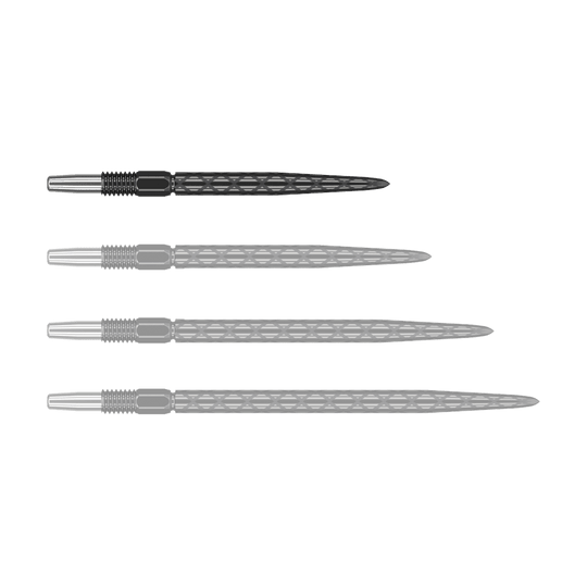Target Swiss Diamond Pro Black Points dartpunten Auf dem Bild sind vier schwarze Dartspitzen mit silbernem Gewinde zu sehen. Die Spitzen haben ein rautenförmiges Muster auf der Oberfläche.