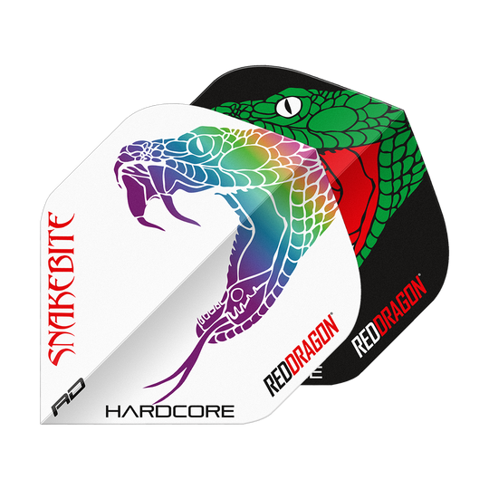 Red Dragon Peter Wright Slangenbeet Zwart Wit Yin Yang Standaardvluchten Das Bild zeigt zwei Dart-Flights mit auffälligen Schlangenmuster-Designs in Schwarz und Weiß. Auf beiden Flights stehen die Wörter "Snakebite" und "Red Dragon".