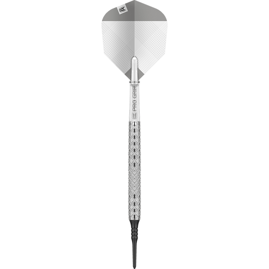 Target Nastri 11 zachte darts Das Bild zeigt einen Target Nastri 11 Softdart. Der Dartpfeil hat ein silbernes Design mit einer strukturierten Griffzone und einer schwarzen Kunststoffspitze.