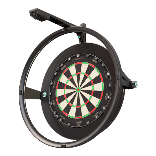 Target VIRT-camera Das Bild zeigt das Produkt "Target VIRT Kamera", das eine Dartscheibe mit einer integrierten Kamera darstellt. Die Kamera ist oberhalb der runden Einfassung der Dartscheibe montiert.