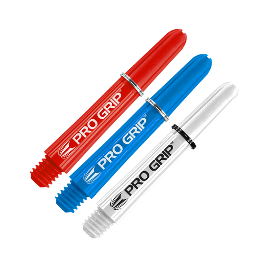 Auf dem Bild sind drei Dartschäfte der Marke "PRO GRIP" in den Farben Rot, Blau und Weiß zu sehen. Die Schäfte liegen überkreuzt nebeneinander.