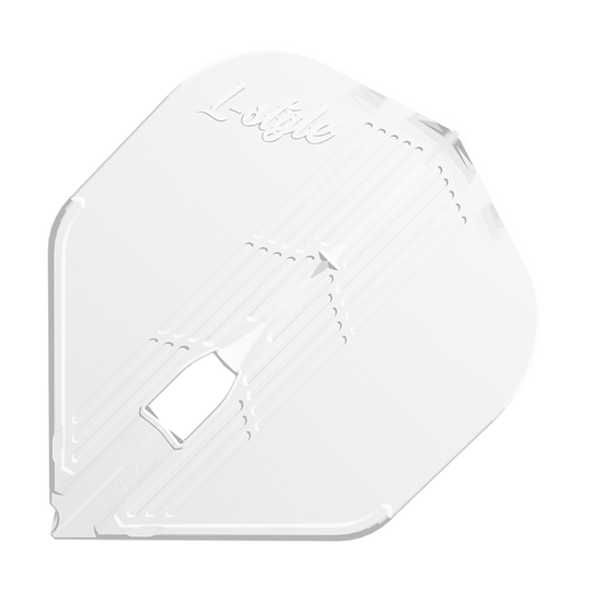 L-Style KAMI L1PRO Flights Das Bild zeigt ein weißes Dartflight mit dem Schriftzug "L-style" oben. Das Flight hat eine strukturierte Oberfläche und eine typische, leicht eckige Form.