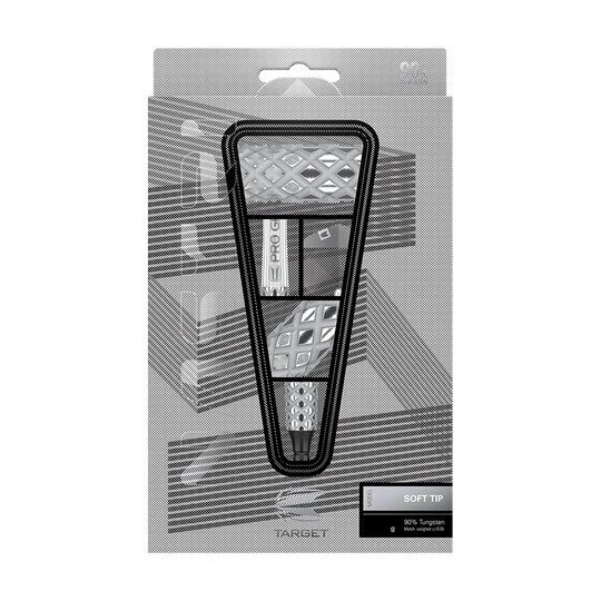 Target Nastri 11 zachte darts Die Abbildung zeigt die "Target Nastri 11 Softdarts" in ihrer Verpackung. Die Darts haben ein auffälliges, geometrisches Design und sind für den Gebrauch mit Softspitzen geeignet.