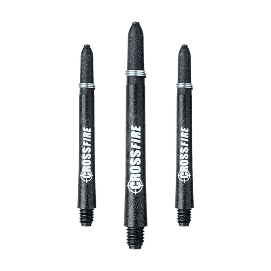 C177_Red_Dragon_Crossfire_Carbon_Fibre_Shafts_48mm_1 Das Bild zeigt drei RedDragon Crossfire Carbon Fibre Shafts für Darts. Sie sind schwarz und haben das Wort "CROSSFIRE" weiß aufgedruckt.