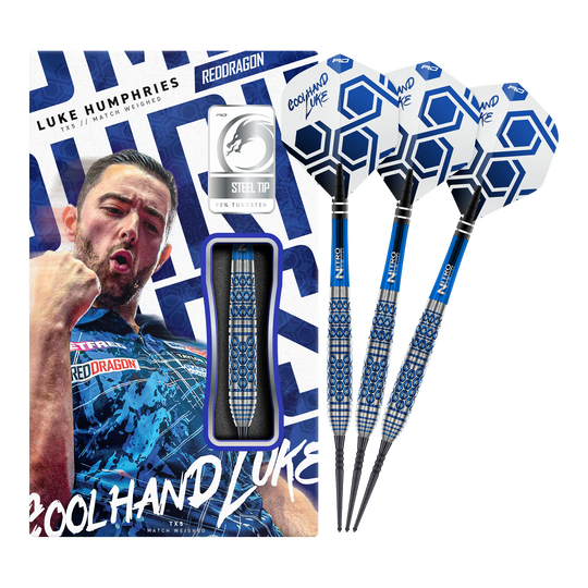 Auf dem Bild ist das vollständige Set der Red Dragon Luke Humphries TX5 Steeldarts zu sehen. Die Steeldarts werden in ihrer Gesamtheit präsentiert.