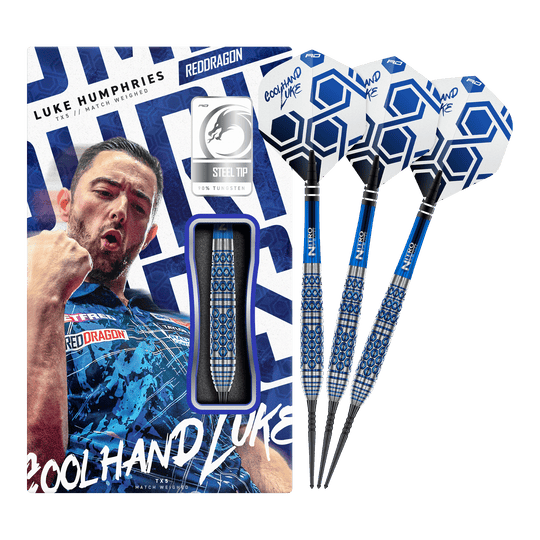 Red Dragon Luke Humphries TX5 stalen dartpijlen Auf dem Bild ist das vollständige Set der Red Dragon Luke Humphries TX5 Steeldarts zu sehen. Die Steeldarts werden in ihrer Gesamtheit präsentiert.
