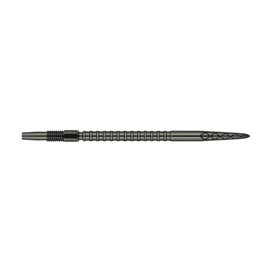 Das Bild zeigt eine schwarze Dartspitze mit gerillter Struktur und feiner Diamantmusterung an der Spitze. Die Spitze ist lang und schlank gestaltet und misst 40 mm.