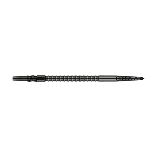 Target Swiss DS Surge Point dartpunten - Zwart Das Bild zeigt eine schwarze Dartspitze mit gerillter Struktur und feiner Diamantmusterung an der Spitze. Die Spitze ist lang und schlank gestaltet und misst 40 mm.