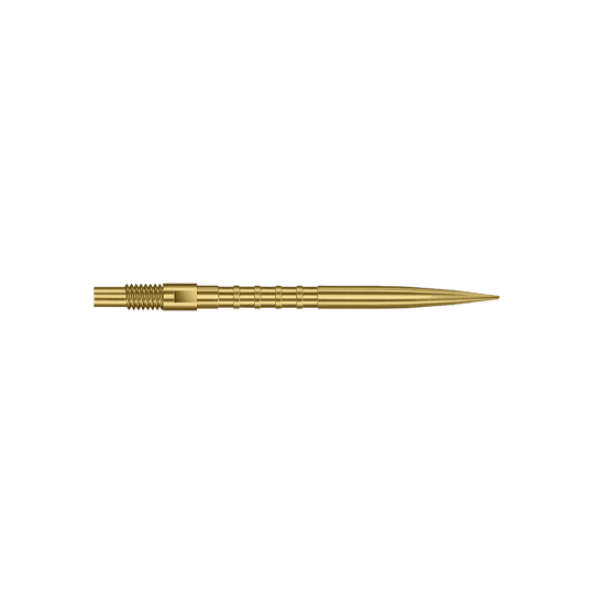 Harrows Quick Point Heavy Metal Dartpunten - Goud Das Bild zeigt goldene Dartspitzen mit starkem Metallgriff und 30mm Länge. Zu sehen ist das Produkt Harrows Quick Point Heavy Metal Grip Dartspitzen Gold 30mm.