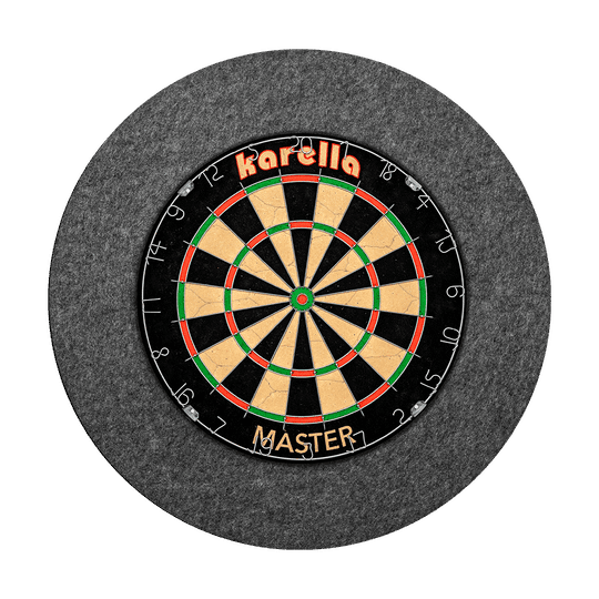 811501_Karella_Schallschutz_f-r_Steeldartboards_2 Das Bild zeigt ein Steeldartboard der Marke Karella mit integriertem grauem Schallschutz und Auffangring. Das Dartboard ist mittig im runden Schallschutz montiert.
