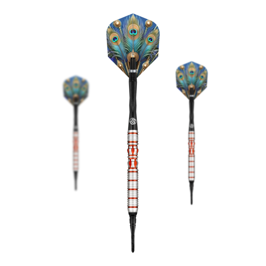 Shot Roman Empire Juno zachte darts Das Bild zeigt drei Softdarts des Modells „Shot Roman Empire Juno“. Die Flights sind mit einem auffälligen Pfauenfeder-Muster gestaltet.