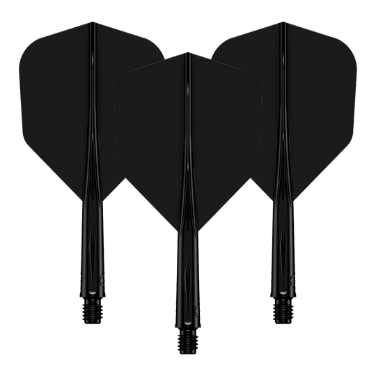 Das Bild zeigt drei schwarze Dartflights mit passenden Dartschäften. Sie sind hintereinander angeordnet und haben eine glänzende Oberfläche.