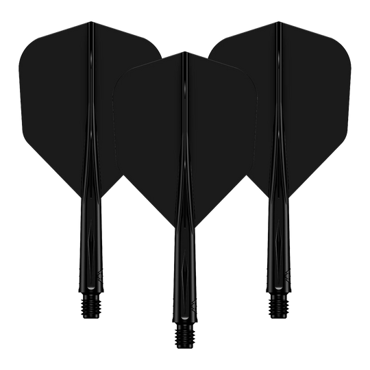 Mission Force 90 No6 Flight Shaft System - Zwart Das Bild zeigt drei schwarze Dartflights mit passenden Dartschäften. Sie sind hintereinander angeordnet und haben eine glänzende Oberfläche.