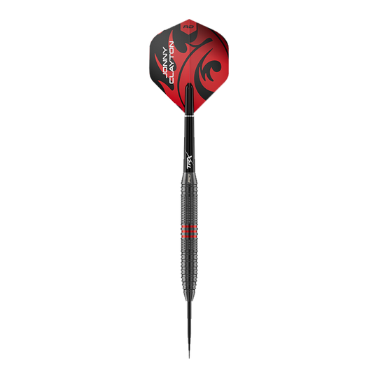 Red Dragon Jonny Clayton Core Brass Steeldarts - 21 g Abgebildet ist ein einzelner Red Dragon Jonny Clayton Core Brass Steeldart mit 21g Gewicht. Der Dart zeigt goldene Akzente und ein markantes Griffdesign.