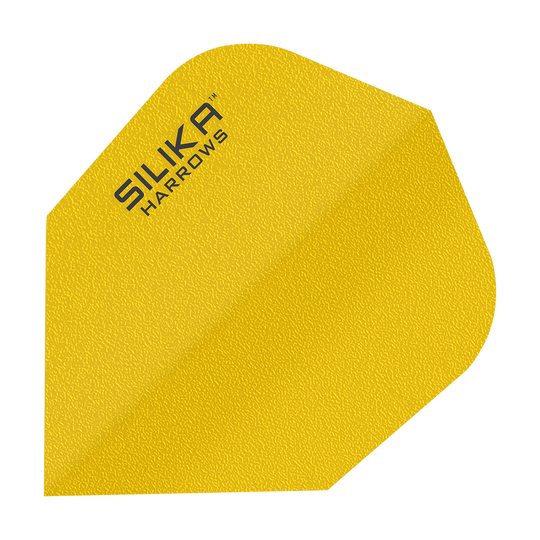 Das Bild zeigt ein gelbes Dartflight mit der Aufschrift "SILIKA HARROWS" in der Ecke. Das Flight hat eine strukturierte Oberfläche und ist in einer klassischen Form gestaltet.