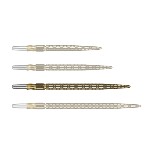 Target Swiss Diamond Pro Gold dartpunten Das Bild zeigt vier goldfarbene Dartspitzen mit rautenförmigem Muster. Die Spitzen sind nebeneinander angeordnet und haben am Ende einen silbernen Abschnitt.