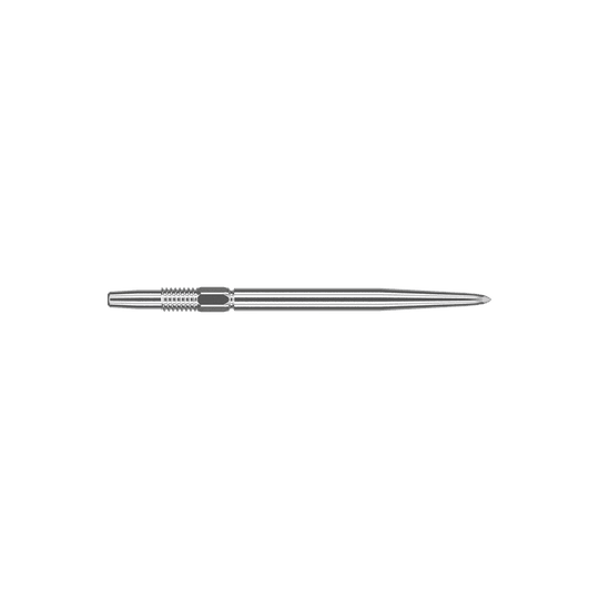 Target Swiss Point Zilveren dartpunten Das Bild zeigt eine silberne Dartspitze mit einer Länge von 30 mm. Die Spitze ist schmal und hat feine Rillen im hinteren Bereich für besseren Halt.