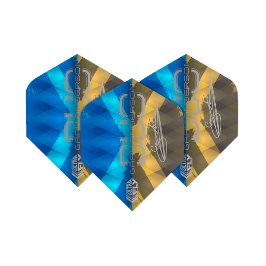 Unicorn Ultrafly 100 Gary Anderson Duo Plus-vluchten Das Bild zeigt drei Dartflights der Marke "Unicorn Ultrafly 100 Gary Anderson Duo Plus". Die Flights sind in den Farben Blau und Gold gestaltet und tragen den Schriftzug "Gary Anderson".