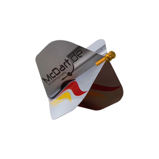 Das Bild zeigt ein Produkt namens "Alu Flightschoner", das an einem Dart-Flight befestigt ist. Der Flightschoner ist aus Aluminium und dient zum Schutz der Dart-Flights.