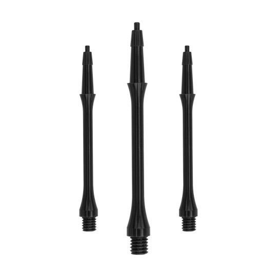 HRC-12589_Harrows_Clic_Slim_Shafts_Black_37mm_1tLHKCMMzBrtkv Das Bild zeigt drei schwarze Harrows Clic Slim Shafts für Darts. Sie sind schlank und haben ein Gewinde am unteren Ende zur Befestigung.