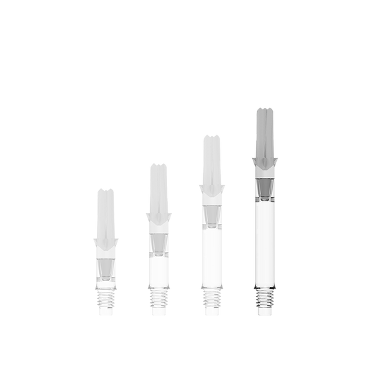 Das Bild zeigt vier durchsichtige L-Style L-Shafts Silent Straight in unterschiedlichen Längen. Sie sind in einer Reihe von links nach rechts angeordnet.