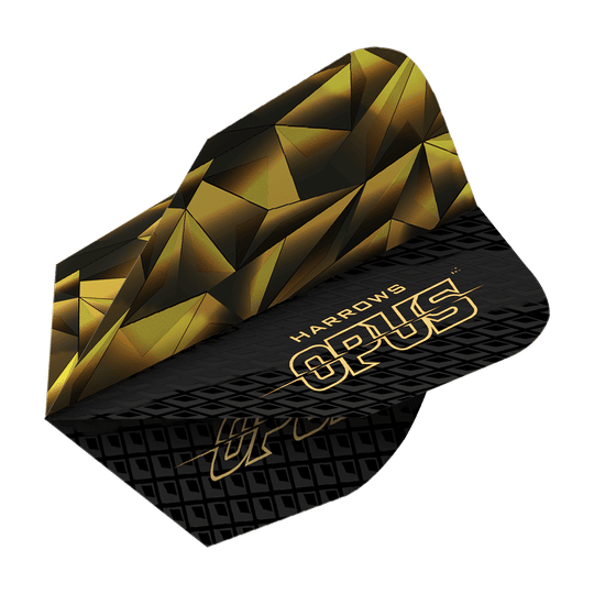 Das Bild zeigt das Produkt "Harrows Opus Version 1 Flights". Das Design ist in Schwarz und Gold mit geometrischen Mustern und dem Schriftzug "OPUS" gestaltet.