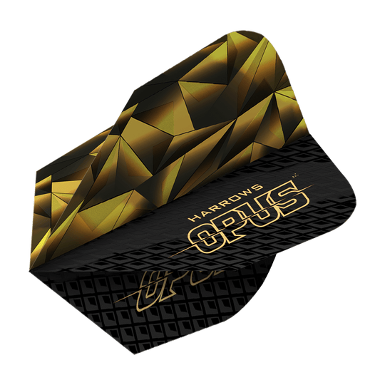 Harrow's Opus Versie 1 Vluchten Das Bild zeigt das Produkt "Harrows Opus Version 1 Flights". Das Design ist in Schwarz und Gold mit geometrischen Mustern und dem Schriftzug "OPUS" gestaltet.