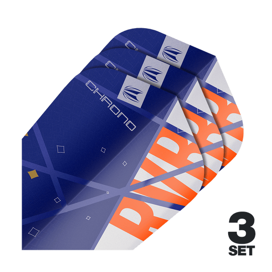 Target Pro Ultra Raymond Van Barneveld Chrono Ten-X Standaardvluchten - 3 sets Auf dem Bild sind drei Sätze von Target Pro Ultra Raymond Van Barneveld Chrono Ten-X Standard Flights zu sehen. Die Flights sind überwiegend blau mit orangefarbenen und weißen Akzenten gestaltet.