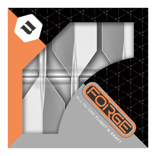 Unicorn Forge All In One Plus No2 Standaard Vluchten Helder - Medium Das Bild zeigt die Verpackung des Produkts „Unicorn Forge All In One Plus No2 Standard Flights Clear - Medium“. Die Verpackung ist in Schwarz, Orange und Grau gehalten und zeigt die Flights und Shafts durch ein Sichtfenster.