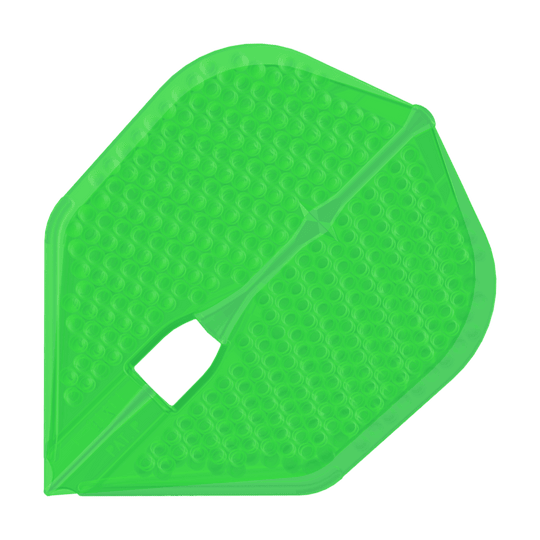 Das Bild zeigt ein grünes Dartflight mit Dimple-Oberfläche in der L3PRO Shape. Es handelt sich um das Produkt "L-Style Flights Dimple Champagne".