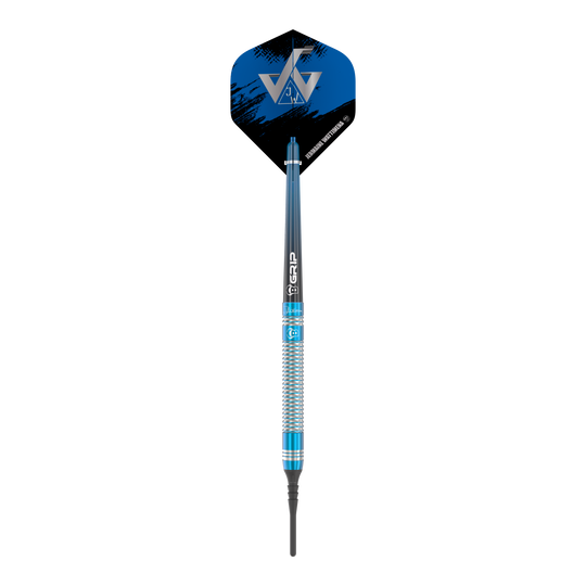 Bulls Jermaine Wattimena Generatie 3 Zachte Darts - 20g Das Bild zeigt einen Bulls Jermaine Wattimena Generation 3 Softdart mit 20g Gewicht. Der Dartpfeil hat ein auffälliges blau-silbernes Design und ein schwarzes Flight mit silbernem Logo.