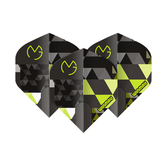 Winmau Prism Delta MvG Logo Groen Nr. 2 Standaardvluchten Abgebildet ist Winmau Prism Delta MvG Logo Green No2 Standard Flights. Das Produkt zeigt grüne Dart-Flights mit Logo als Set.