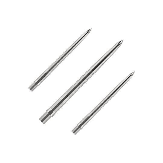 Mission Caliburn EVO dartpunten - gegroefd - zilver Das Bild zeigt drei silberne, gerillte Spitzen für Steeldarts. Sie sind schlank und spitz zulaufend, nebeneinander angeordnet.