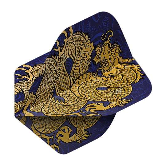 Pentathlon Vluchten Draakblauw Das Bild zeigt die Pentathlon Dragon 4 Standard Flights. Auf den Flights ist ein goldener Drache auf dunkelblauem Hintergrund abgebildet.