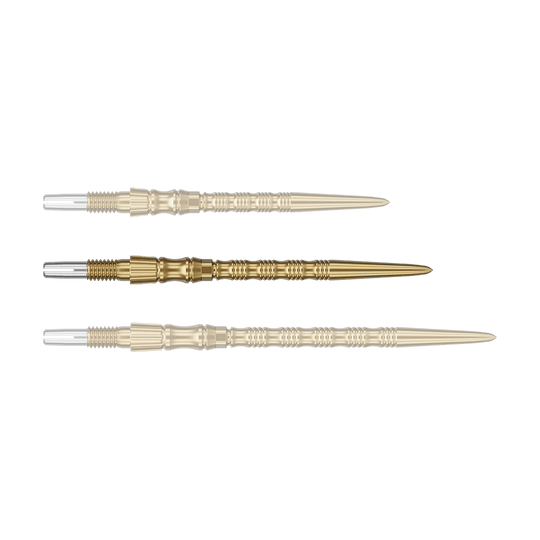 Ein einzelner Target SwissPoint Signature TRB Dartspitze in Gold mit 35mm Länge wird präsentiert. Das Produkt ist klar zu erkennen.