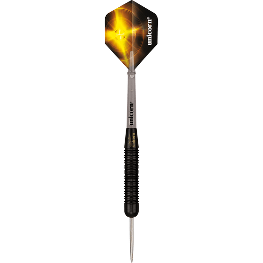 27661_Unicorn_Black_Brass_Gary_Anderson_V1_Steeldarts_1TmuvYOIhtdWOC Das Bild zeigt einen Unicorn Black Brass Gary Anderson V1 Steeldart. Der Dartpfeil hat ein schwarzes Griffstück und eine schwarz-goldene Flight mit einem leuchtenden Design.