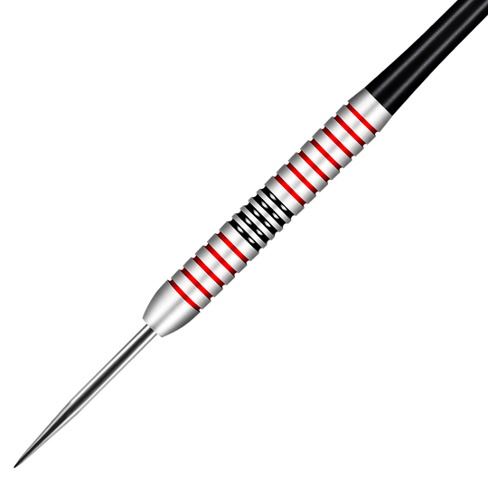 Shot Michael Smith Plated Brass Steeldarts - 24g Das Bild zeigt einen Shot Michael Smith Plated Brass Steeldart mit einem Gewicht von 24g. Der Dartpfeil hat rote und schwarze Rillen auf dem silbernen Barrel.
